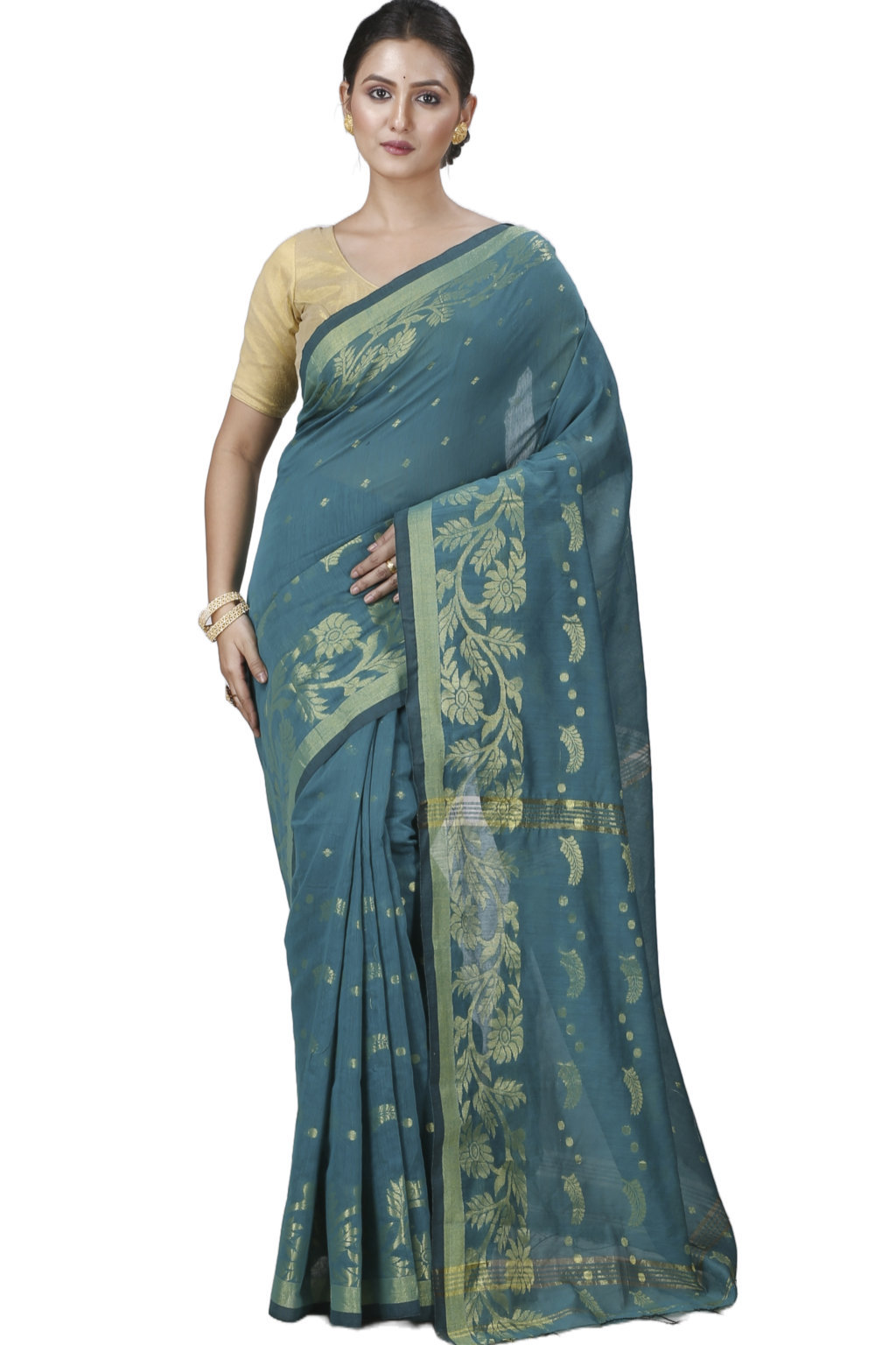 See Green Blended Cotton Turik Hand Loom Saree (1251)